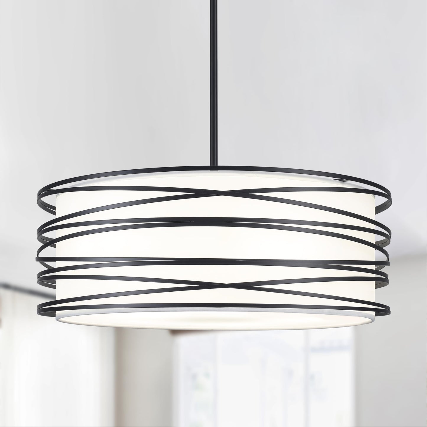 19.7” Black Pendant Light with White Fabric Shade