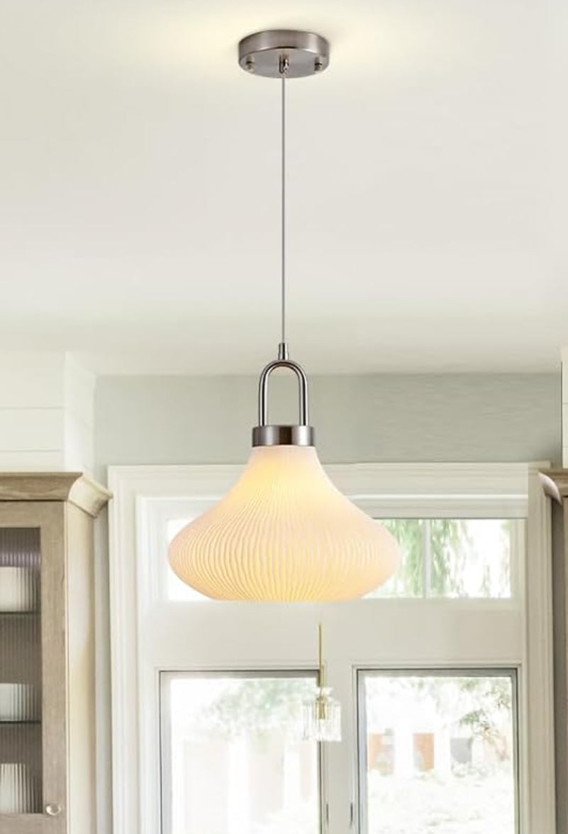 Stylish Kitchen Island Pendant - Ribbed Glass & Nickel Finish