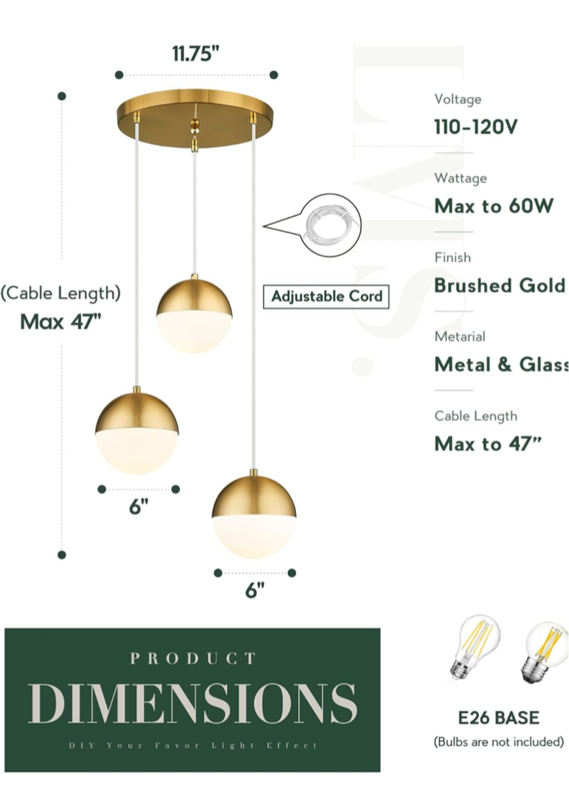 3-Light Gold Sphere Pendant Cluster