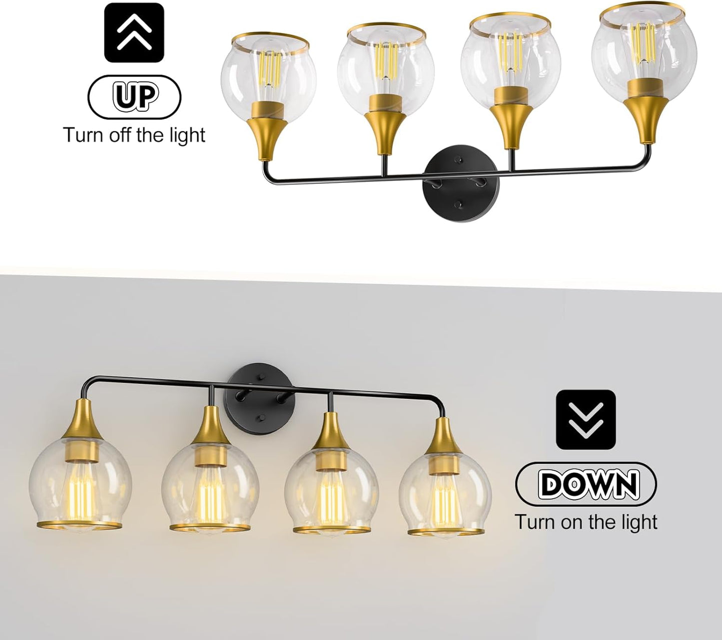 4-Light Vanity Fixture - Black Frame with Gold Glass Globes