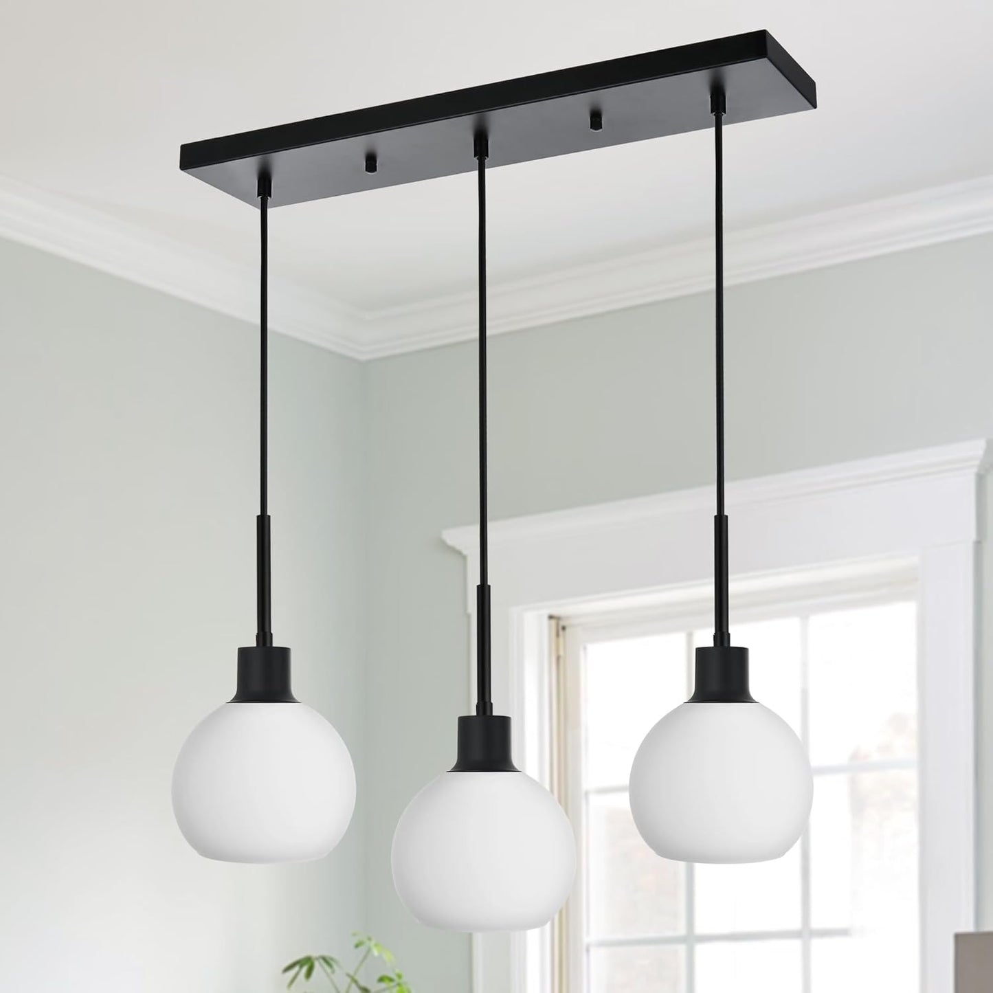 3- Light Globe Pendant Set - Black Frame with White Orbs