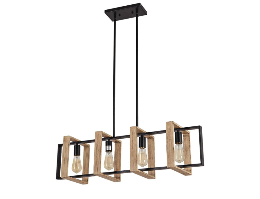 Modern Farmhouse Rectangle Chandelier – Wood & Black Metal