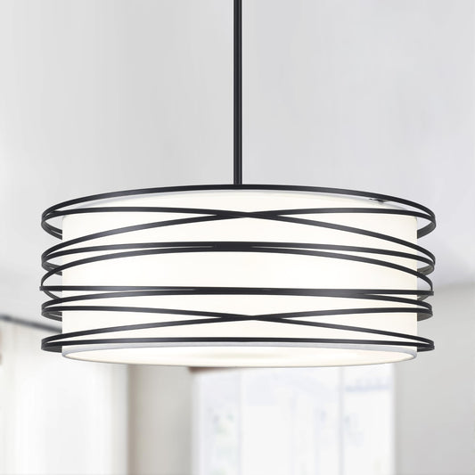 19.7” Black Pendant Light with White Fabric Shade