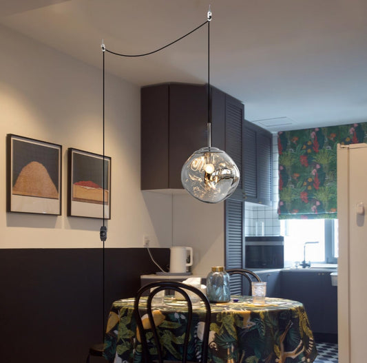 Modern Hanging Glass Pendant Light – Smoky Globe Shade with Adjustable Cord