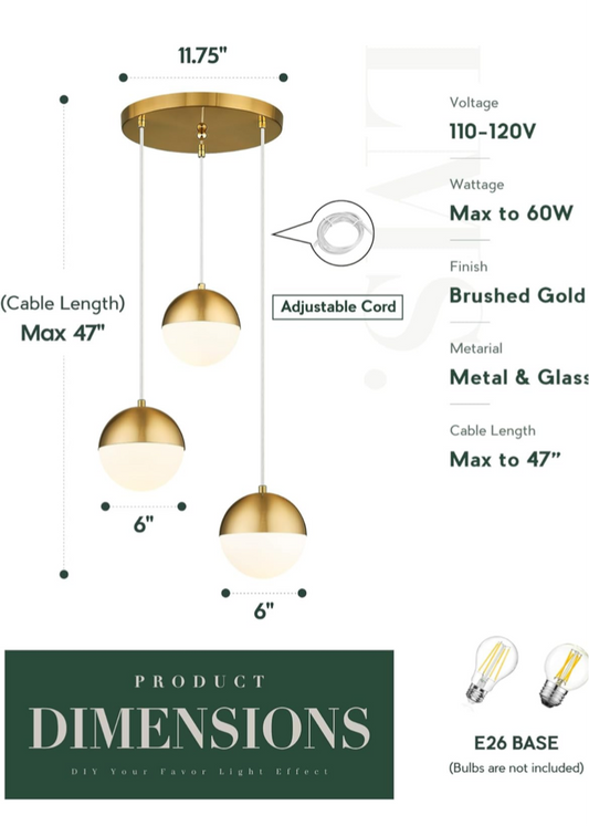 3-Light Gold Sphere Pendant Cluster