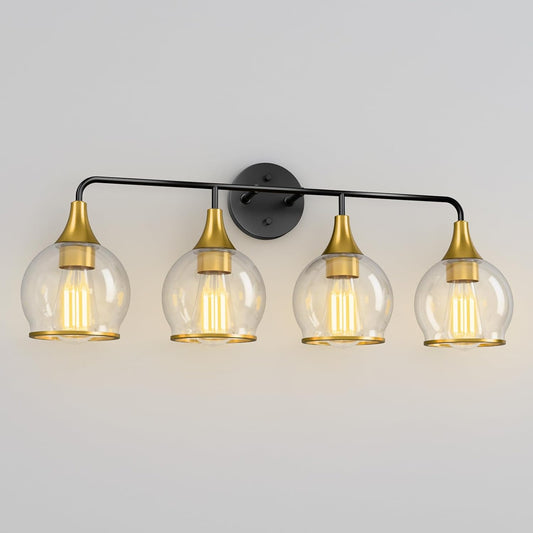 4-Light Vanity Fixture - Black Frame with Gold Glass Globes