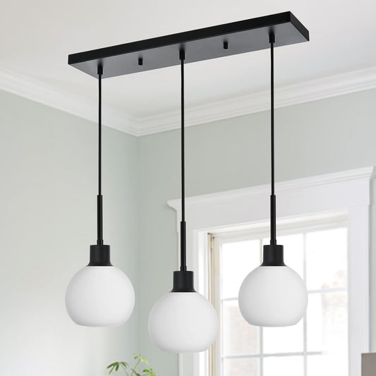 3- Light Globe Pendant Set - Black Frame with White Orbs